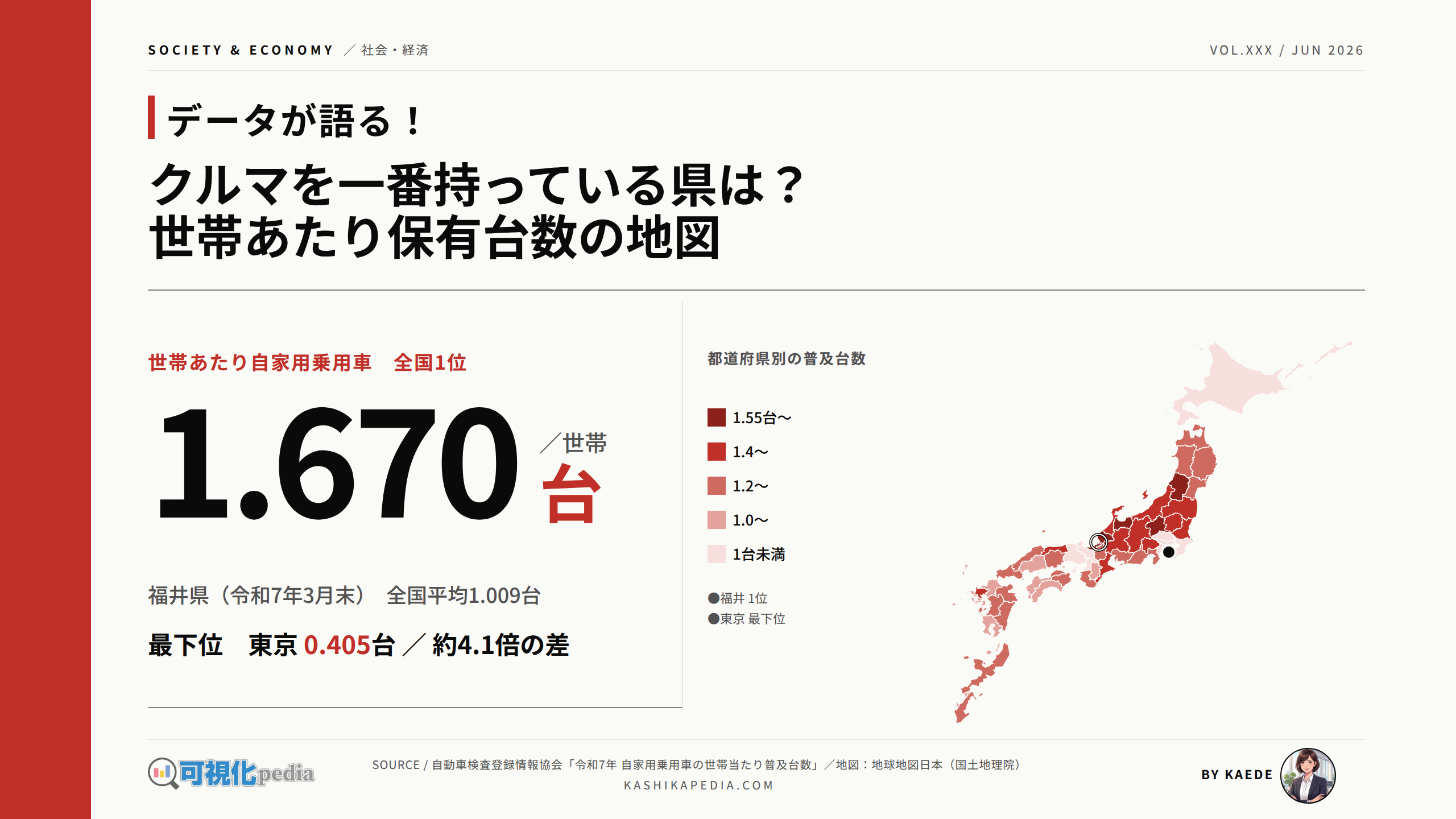 日本でクルマを一番持っているのはどの県？ 世帯あたり保有台数の地図